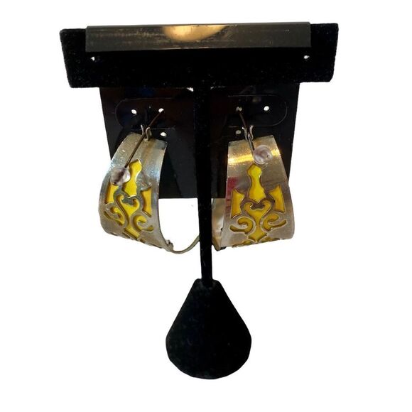 Super Funky Bright Yellow & Silver Toned Stencil Hoops. - Picture 5 of 7